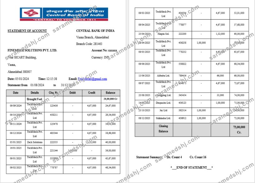 India Central Bank of India statement Word and PDF template, 2 pages